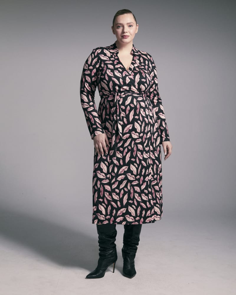 Front of a model wearing a size XL Abigail Long Sleeve Midi Wrap Dress in Lips by Diane Von Furstenberg. | dia_product_style_image_id:266258